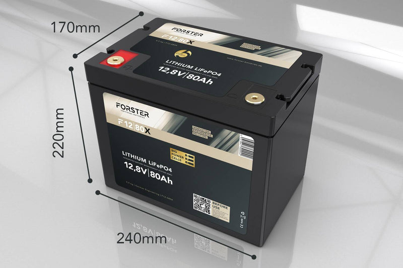 FORSTER 80Ah 12,8V LiFePO4 Premium Batterie | 200A-BMS-2.0 | 500A Bluetooth Mess-Shunt | IP67