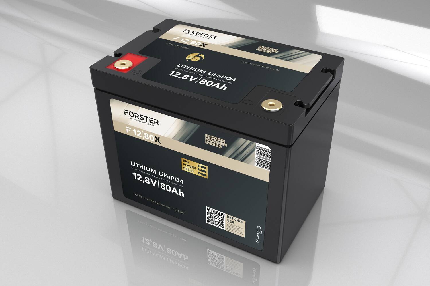 FORSTER 80Ah 12.8V LiFePO4 premium battery | 200A-BMS-2.0 | 500A Bluetooth measuring shunt | IP67