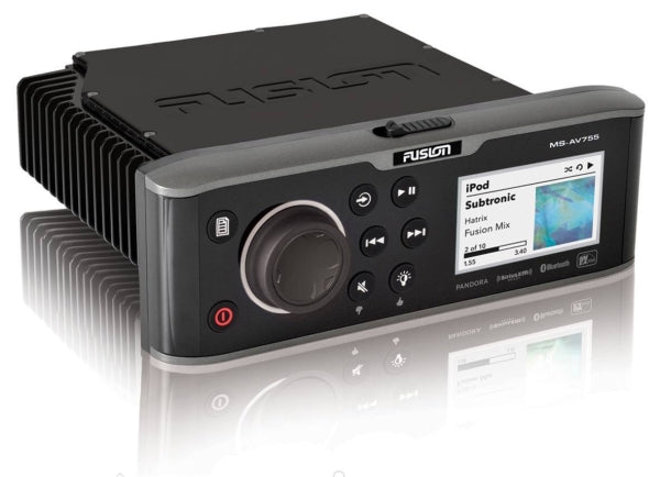 Fusion MS-AV755 marine entertainment system with integrated DVD/CD player