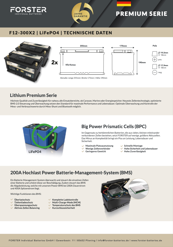Forster 12.8V lithium 300AH LIFEPO4 Premium battery | 400A BMS 2.0 | 3840WH | IP67