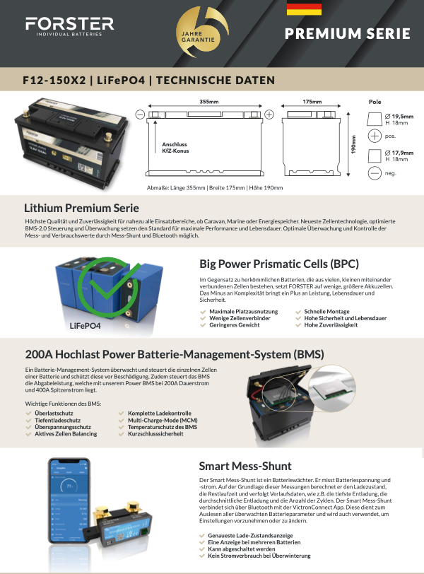 Forster 12.8V λιθίου 150Ah LifePo4 Premium Battery | 200α BMS 2.0 | Ducato Ford PSA | 1920Wh | IP67