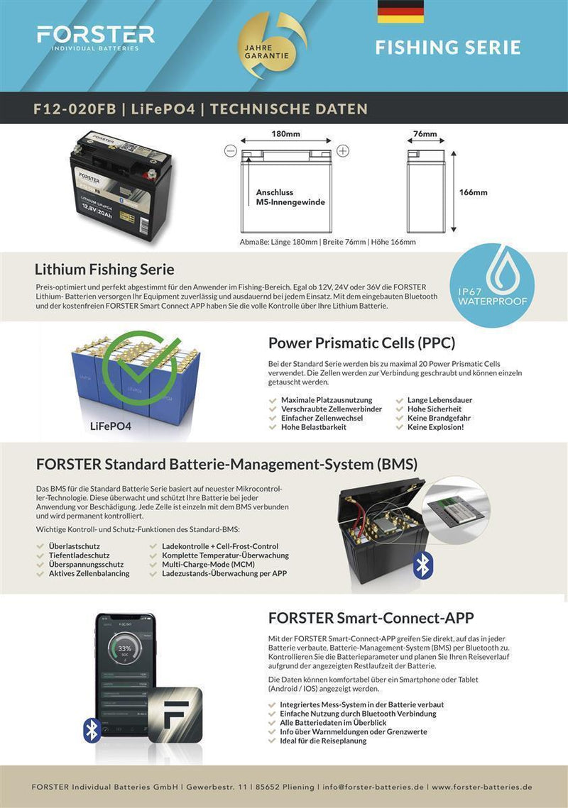 FORSTER 50Ah 25,6V Lithium Fishing Batterie | BMS | Smart Bluetooh | IP67