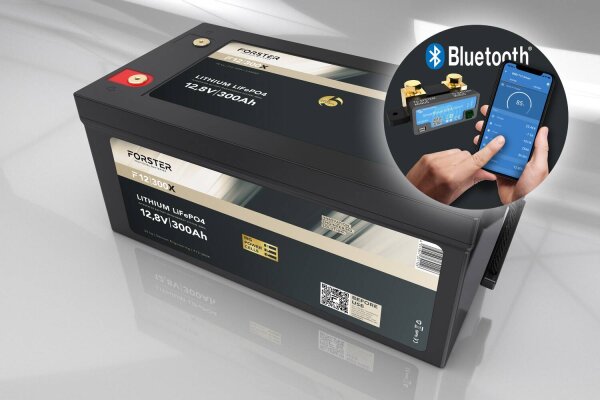 FORSTER 300Ah 12,8V Lithium LiFePO4 Premium Batterie 200A-BMS-2.1 500A Bluetooth Mess-Shunt 3840Wh IP67